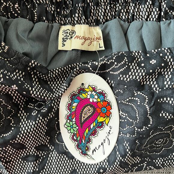 SILK Pull On Lace Printed Mini Skirt Sz L Black/Blue Boho Preppy Party Biz NEW - Picture 5 of 7